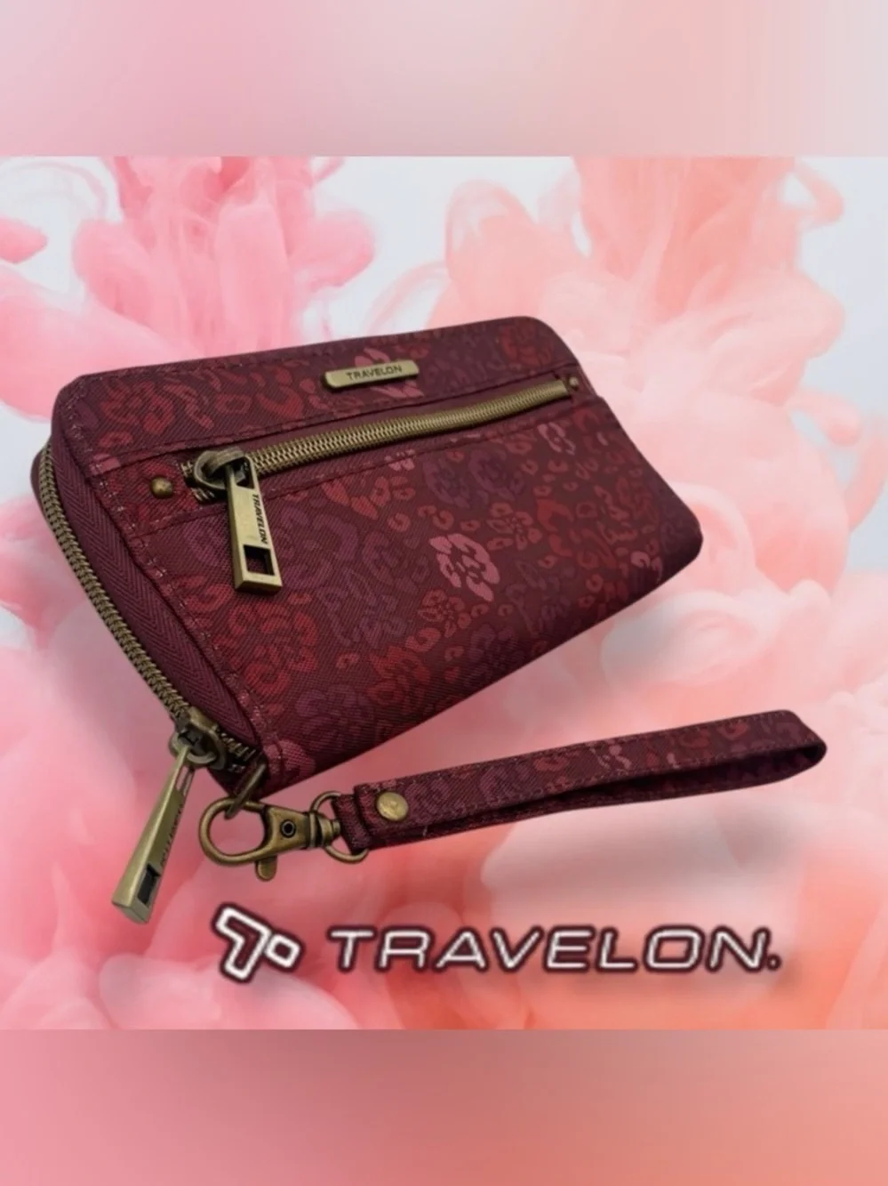 Travelon RFID Blocking Single Zip Wallet Floral Burgundy Rose Design